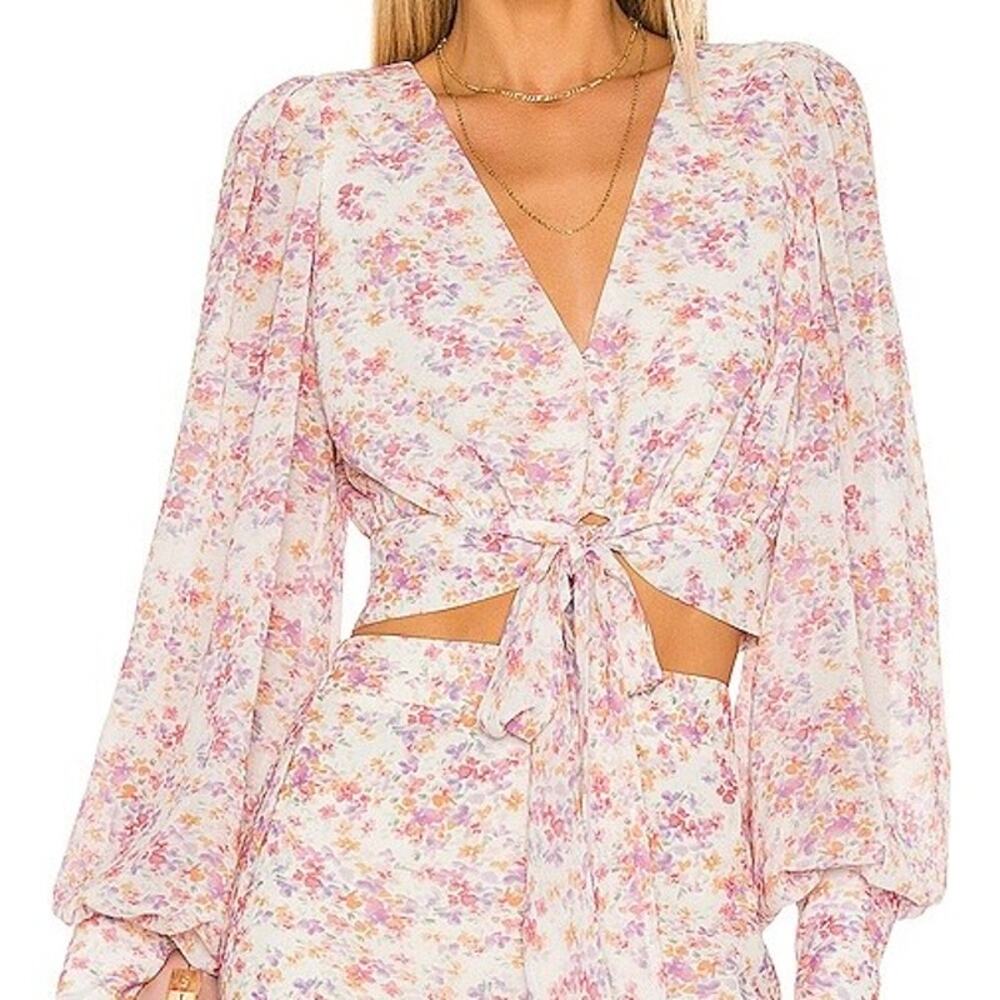 Yumi Kim Floral Tie Front Top M Puff Sleeve Romantic Cottagecore Blouse Revolve